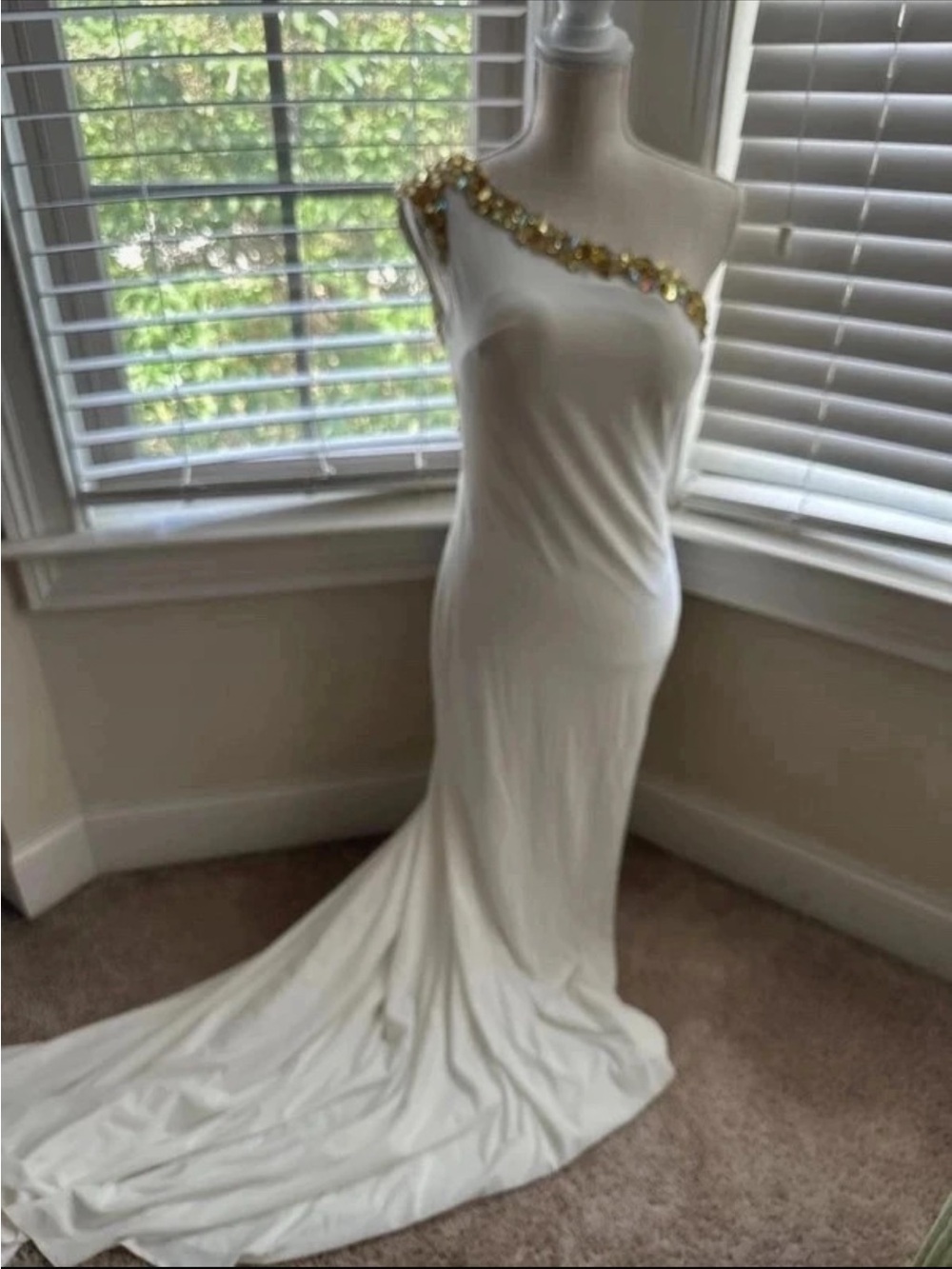 Alyce Paris One-Shoulder Cream Gown with Gold Embellished Strap